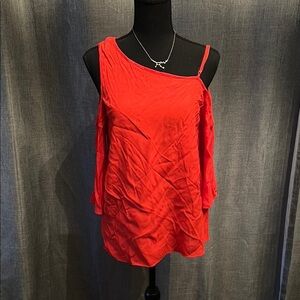 1. STATE Red Asymmetrical Blouse with Ruched Texture